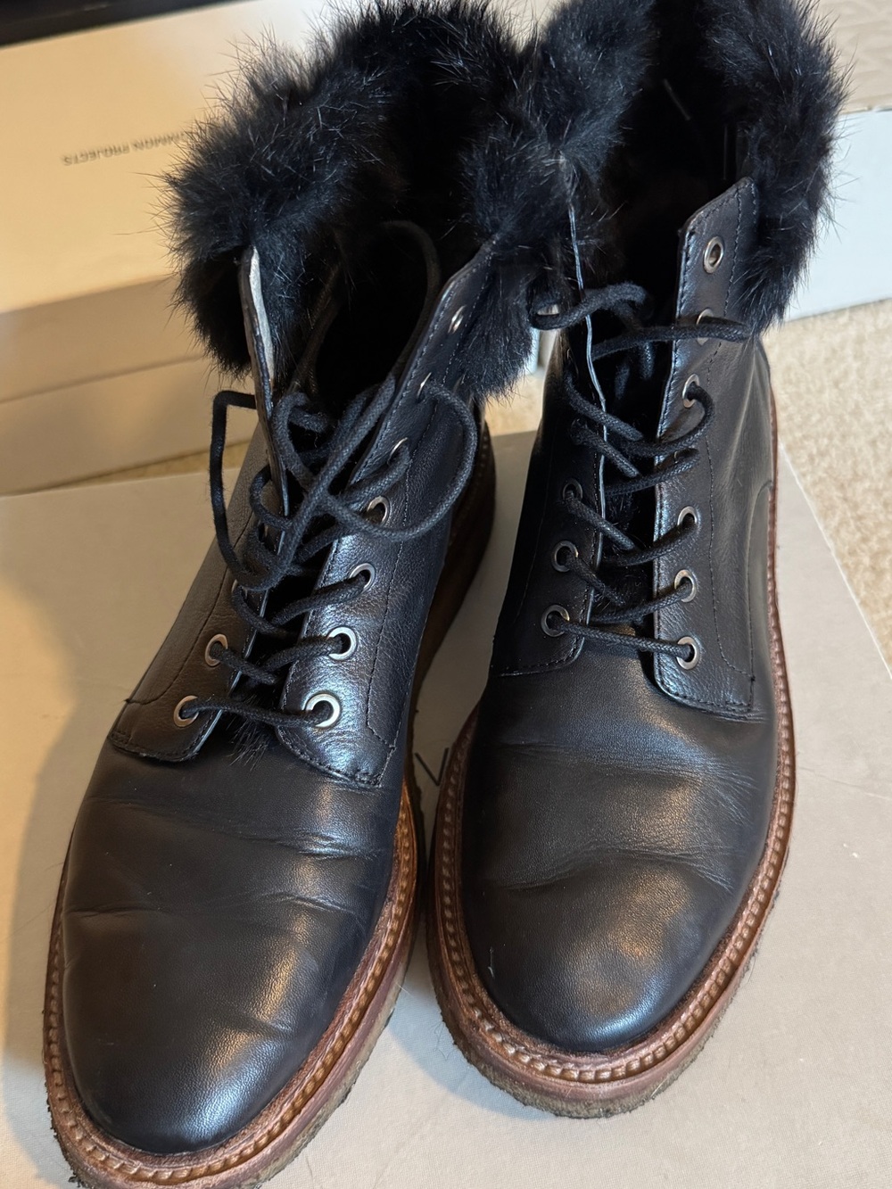 Women’s Black Leather Lace-Up Boots with Fur Collar